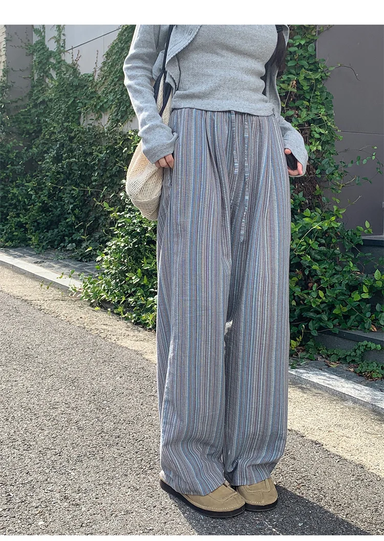 100% Cotton Casual Homewear Striped Trousers Women 2026 New Korean Summer Drawstring Elastic Waist Loose Pant Sleeping Pants