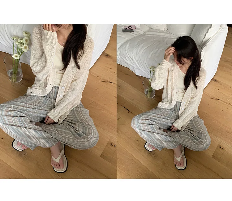 100% Cotton Casual Homewear Striped Trousers Women 2026 New Korean Summer Drawstring Elastic Waist Loose Pant Sleeping Pants