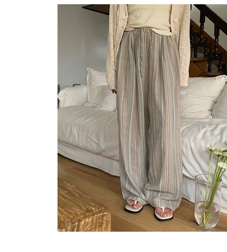 100% Cotton Casual Homewear Striped Trousers Women 2026 New Korean Summer Drawstring Elastic Waist Loose Pant Sleeping Pants