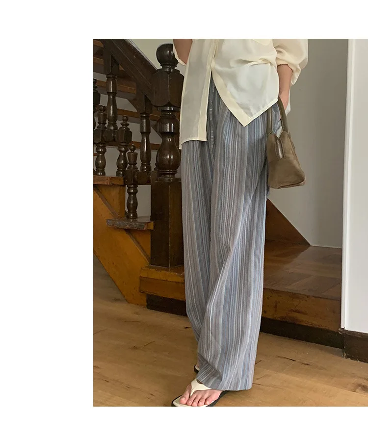 100% Cotton Casual Homewear Striped Trousers Women 2026 New Korean Summer Drawstring Elastic Waist Loose Pant Sleeping Pants