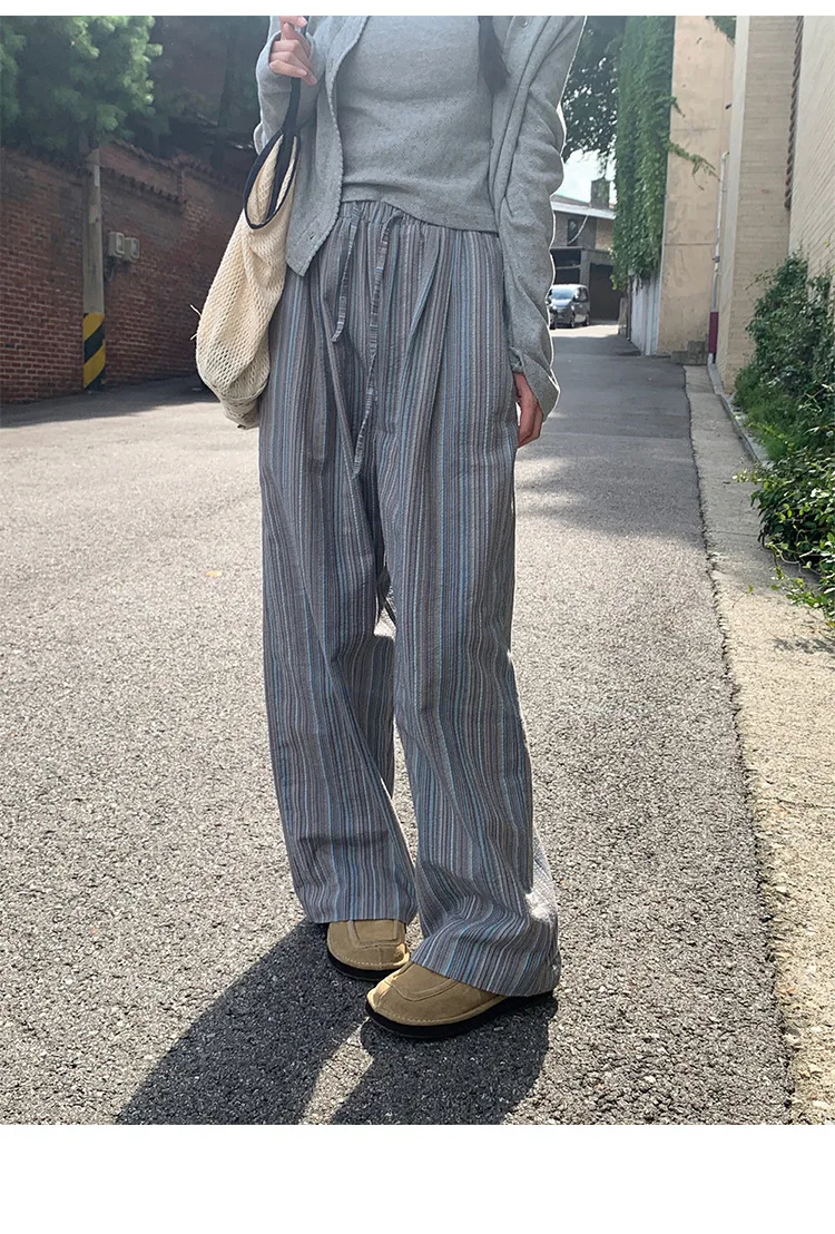 100% Cotton Casual Homewear Striped Trousers Women 2026 New Korean Summer Drawstring Elastic Waist Loose Pant Sleeping Pants