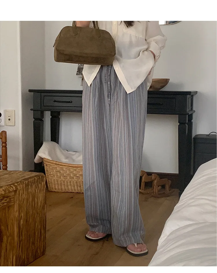 100% Cotton Casual Homewear Striped Trousers Women 2026 New Korean Summer Drawstring Elastic Waist Loose Pant Sleeping Pants