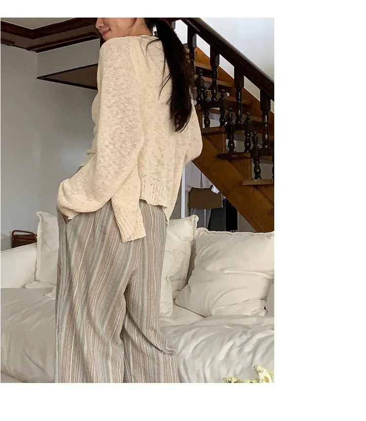 100% Cotton Casual Homewear Striped Trousers Women 2026 New Korean Summer Drawstring Elastic Waist Loose Pant Sleeping Pants