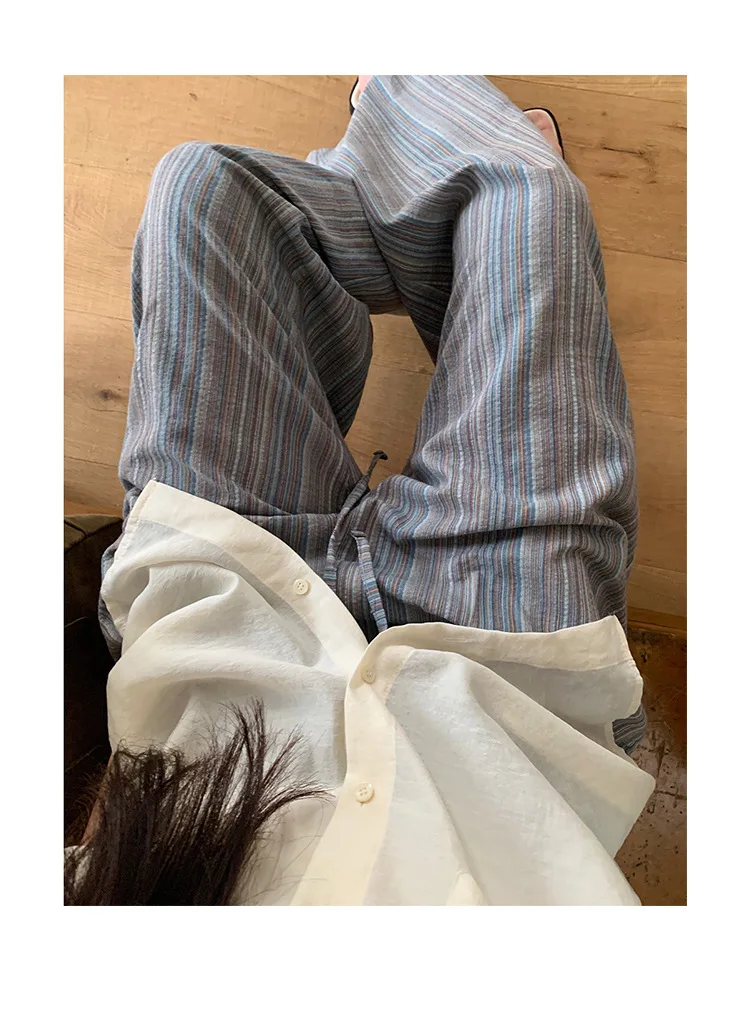 100% Cotton Casual Homewear Striped Trousers Women 2026 New Korean Summer Drawstring Elastic Waist Loose Pant Sleeping Pants