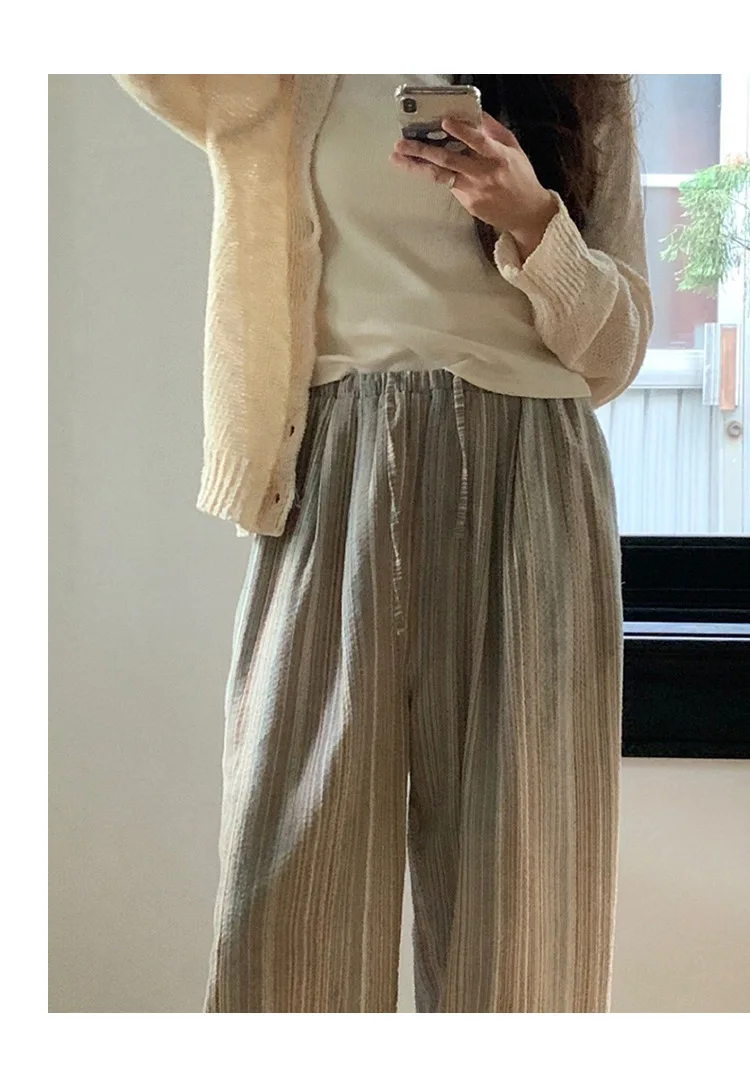 100% Cotton Casual Homewear Striped Trousers Women 2026 New Korean Summer Drawstring Elastic Waist Loose Pant Sleeping Pants