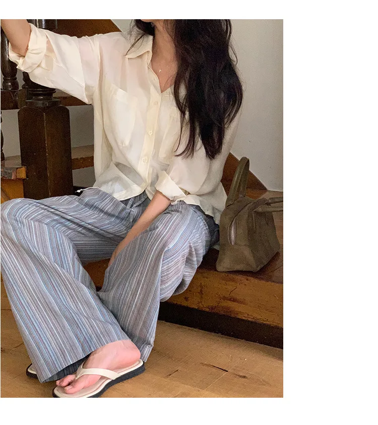 100% Cotton Casual Homewear Striped Trousers Women 2026 New Korean Summer Drawstring Elastic Waist Loose Pant Sleeping Pants
