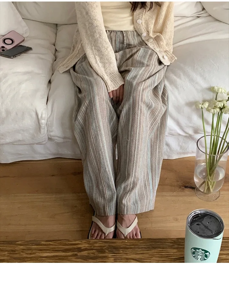 100% Cotton Casual Homewear Striped Trousers Women 2026 New Korean Summer Drawstring Elastic Waist Loose Pant Sleeping Pants