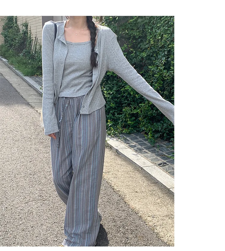100% Cotton Casual Homewear Striped Trousers Women 2026 New Korean Summer Drawstring Elastic Waist Loose Pant Sleeping Pants