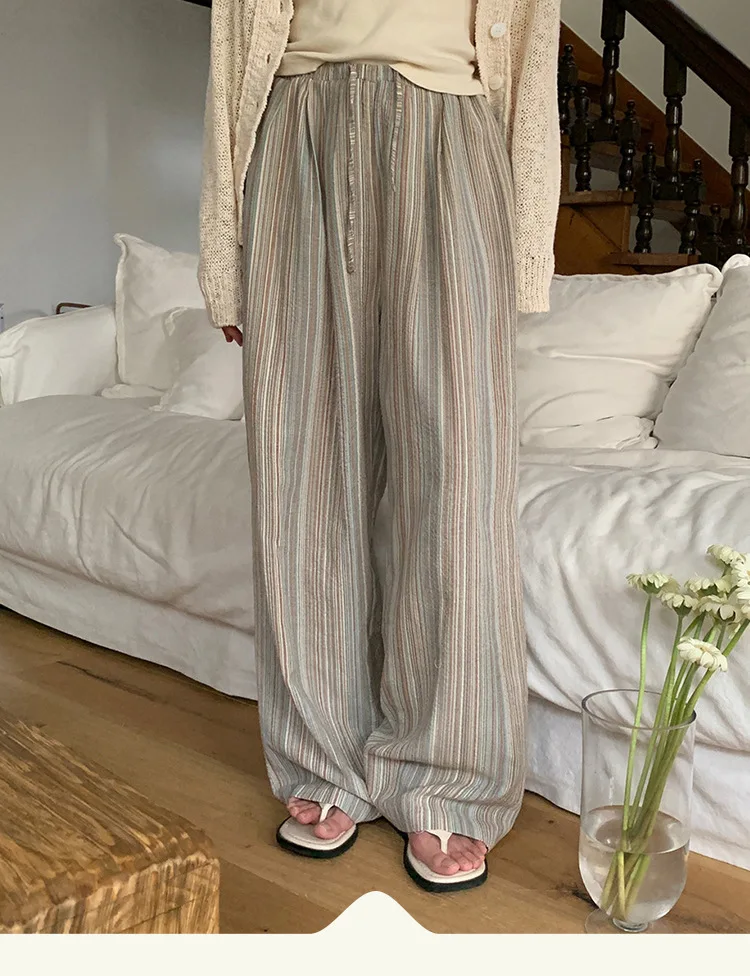 100% Cotton Casual Homewear Striped Trousers Women 2026 New Korean Summer Drawstring Elastic Waist Loose Pant Sleeping Pants