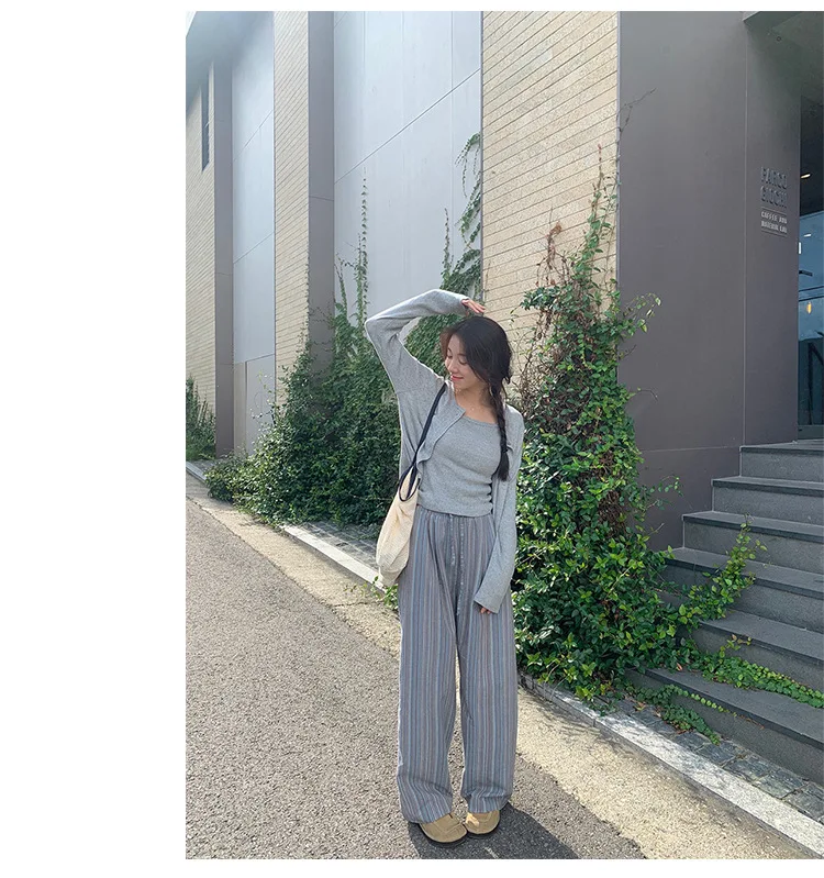 100% Cotton Casual Homewear Striped Trousers Women 2026 New Korean Summer Drawstring Elastic Waist Loose Pant Sleeping Pants