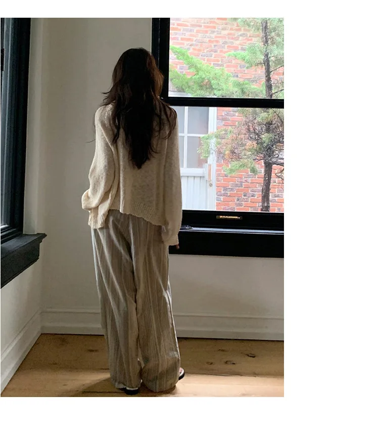 100% Cotton Casual Homewear Striped Trousers Women 2026 New Korean Summer Drawstring Elastic Waist Loose Pant Sleeping Pants
