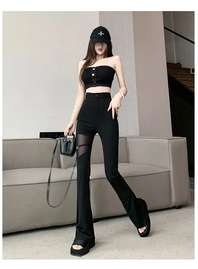 2026 Hotsweet Flare Pants Women Summer Thin Sexy Mesh Spliced Black Slim High Waist Solid Hollow Out Pant