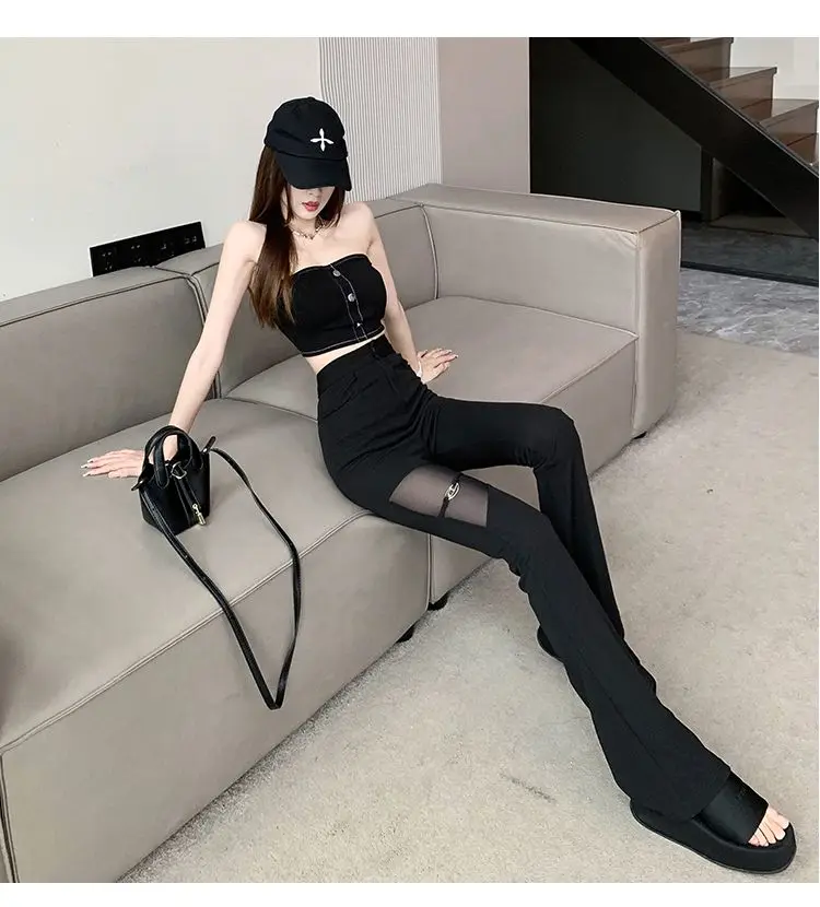 2026 Hotsweet Flare Pants Women Summer Thin Sexy Mesh Spliced Black Slim High Waist Solid Hollow Out Pant
