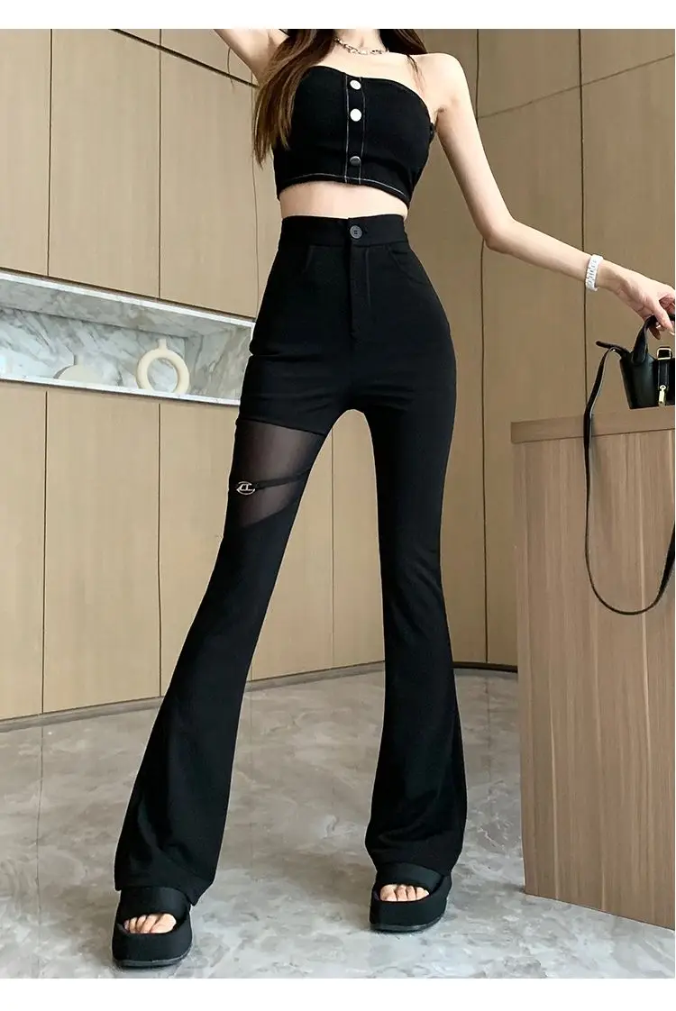 2026 Hotsweet Flare Pants Women Summer Thin Sexy Mesh Spliced Black Slim High Waist Solid Hollow Out Pant