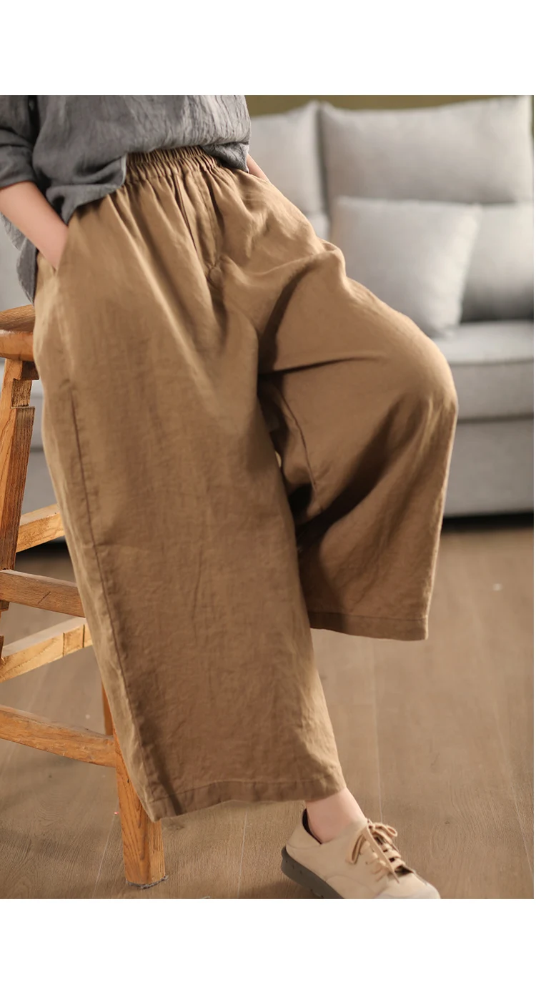 Johnature Women Vintage Linen Wide Leg Pants Elastic Waist Solid Color Trousers 2025 Spring New Loose Casual Female Long Pants
