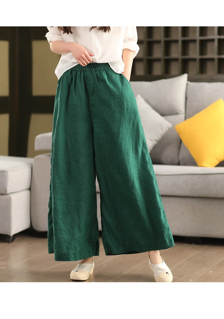Johnature Women Vintage Linen Wide Leg Pants Elastic Waist Solid Color Trousers 2025 Spring New Loose Casual Female Long Pants