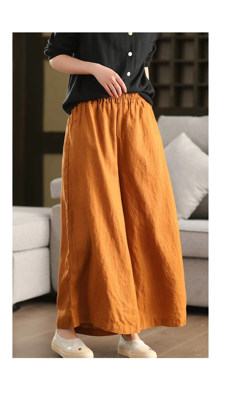 Johnature Women Vintage Linen Wide Leg Pants Elastic Waist Solid Color Trousers 2025 Spring New Loose Casual Female Long Pants