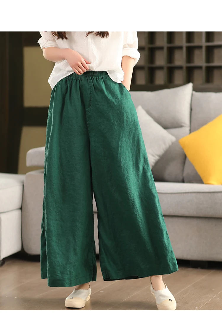 Johnature Women Vintage Linen Wide Leg Pants Elastic Waist Solid Color Trousers 2025 Spring New Loose Casual Female Long Pants
