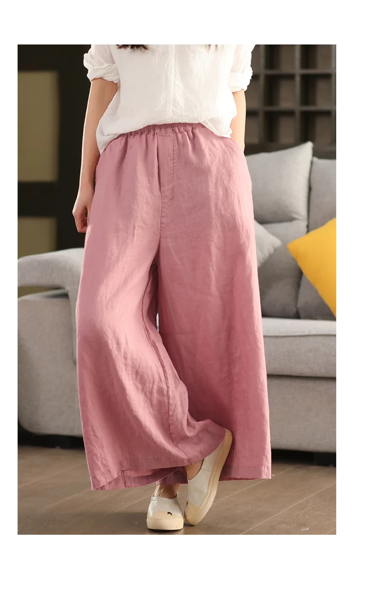 Johnature Women Vintage Linen Wide Leg Pants Elastic Waist Solid Color Trousers 2025 Spring New Loose Casual Female Long Pants