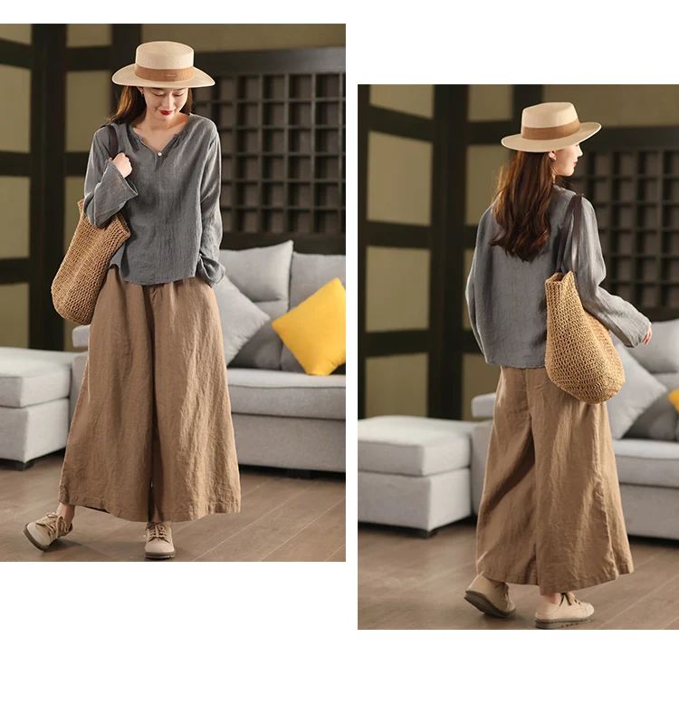 Johnature Women Vintage Linen Wide Leg Pants Elastic Waist Solid Color Trousers 2025 Spring New Loose Casual Female Long Pants