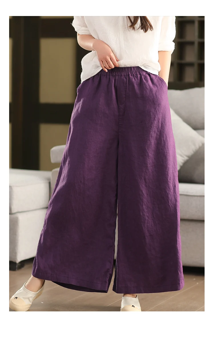 Johnature Women Vintage Linen Wide Leg Pants Elastic Waist Solid Color Trousers 2025 Spring New Loose Casual Female Long Pants