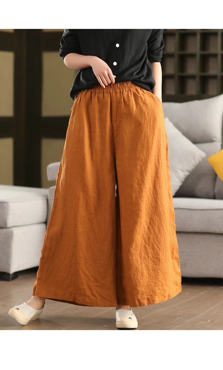 Johnature Women Vintage Linen Wide Leg Pants Elastic Waist Solid Color Trousers 2025 Spring New Loose Casual Female Long Pants