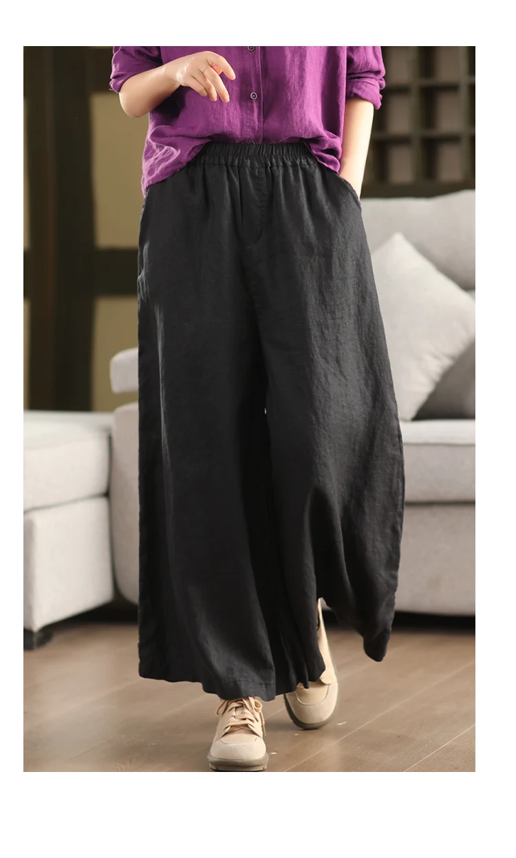 Johnature Women Vintage Linen Wide Leg Pants Elastic Waist Solid Color Trousers 2025 Spring New Loose Casual Female Long Pants