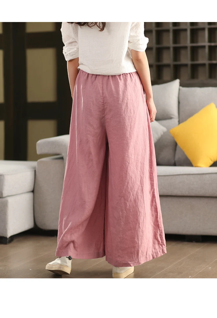 Johnature Women Vintage Linen Wide Leg Pants Elastic Waist Solid Color Trousers 2025 Spring New Loose Casual Female Long Pants