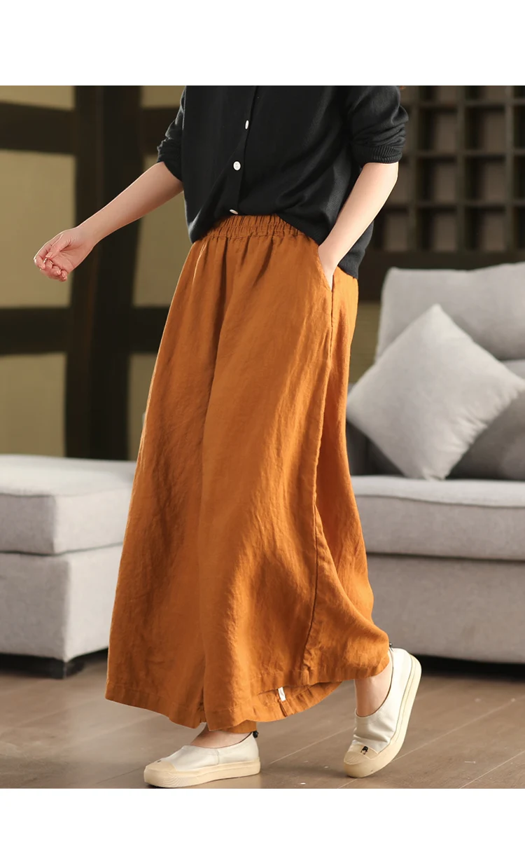 Johnature Women Vintage Linen Wide Leg Pants Elastic Waist Solid Color Trousers 2025 Spring New Loose Casual Female Long Pants