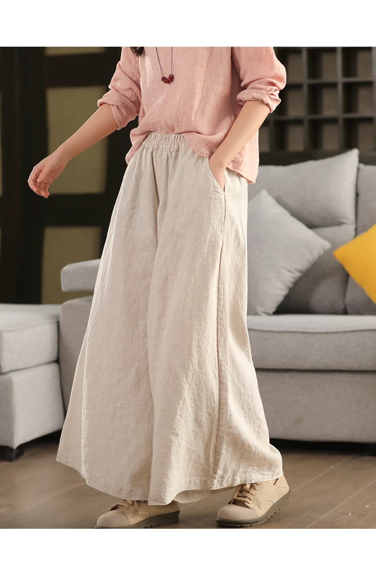 Johnature Women Vintage Linen Wide Leg Pants Elastic Waist Solid Color Trousers 2025 Spring New Loose Casual Female Long Pants