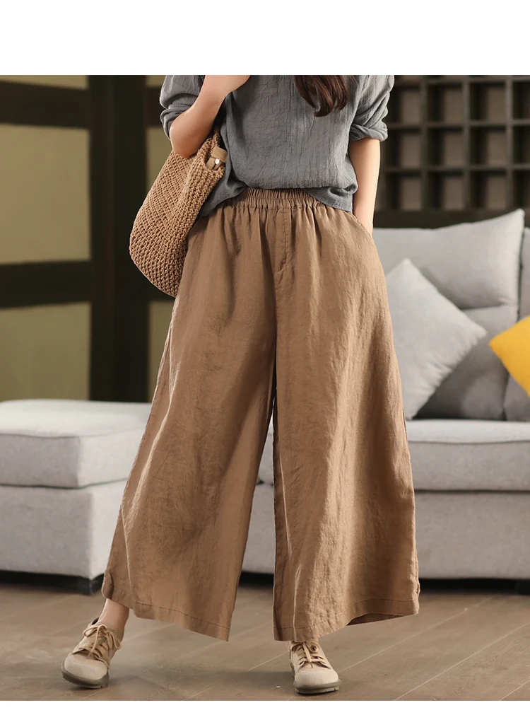 Johnature Women Vintage Linen Wide Leg Pants Elastic Waist Solid Color Trousers 2025 Spring New Loose Casual Female Long Pants