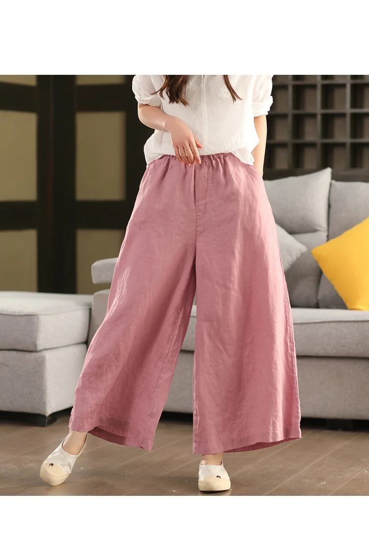 Johnature Women Vintage Linen Wide Leg Pants Elastic Waist Solid Color Trousers 2025 Spring New Loose Casual Female Long Pants