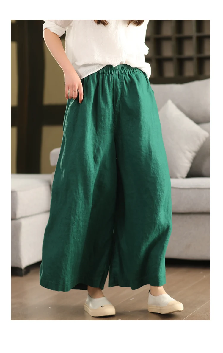 Johnature Women Vintage Linen Wide Leg Pants Elastic Waist Solid Color Trousers 2025 Spring New Loose Casual Female Long Pants