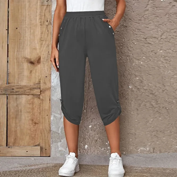 Women's Elastic Waist Crop Sweatpants Loose Fit Casual Summer Capris with Pockets Roll-Up Bottoms S-3XL