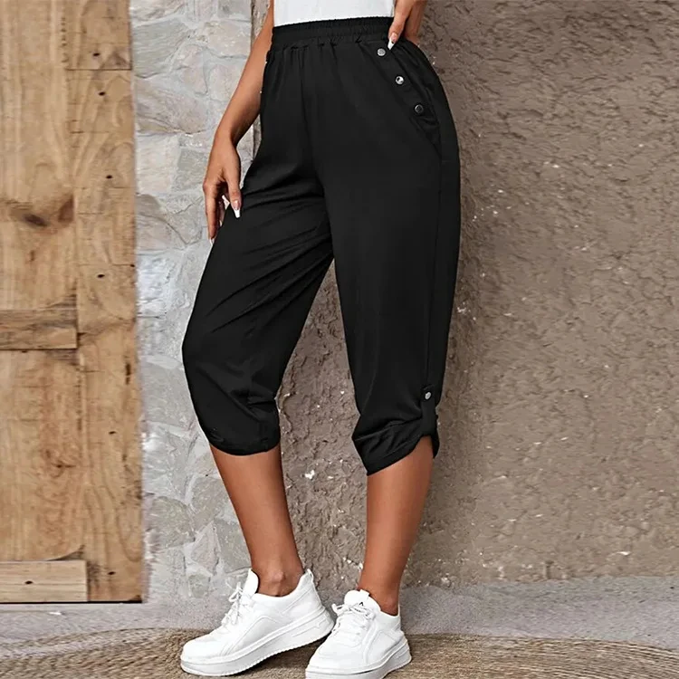 Women's Elastic Waist Crop Sweatpants Loose Fit Casual Summer Capris with Pockets Roll-Up Bottoms S-3XL