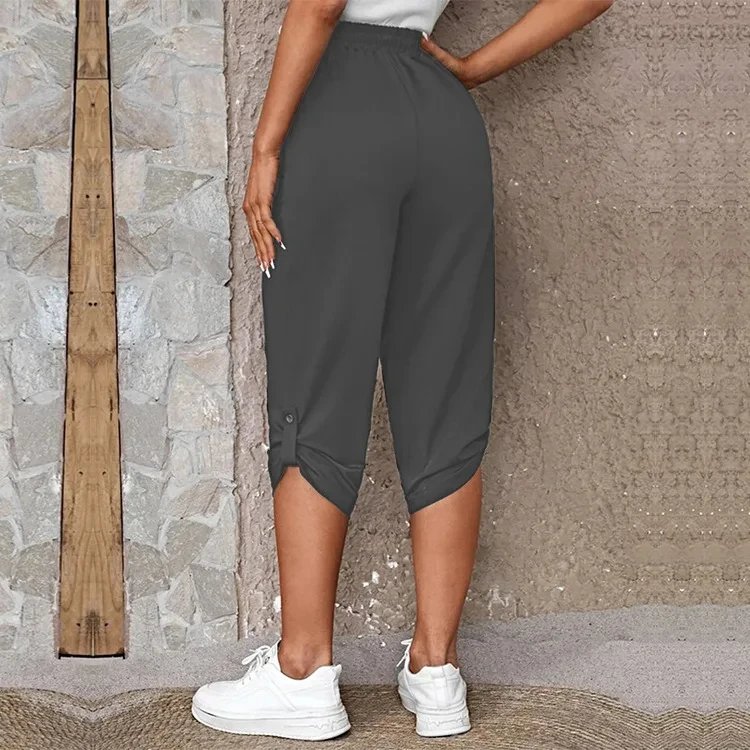 Women's Elastic Waist Crop Sweatpants Loose Fit Casual Summer Capris with Pockets Roll-Up Bottoms S-3XL
