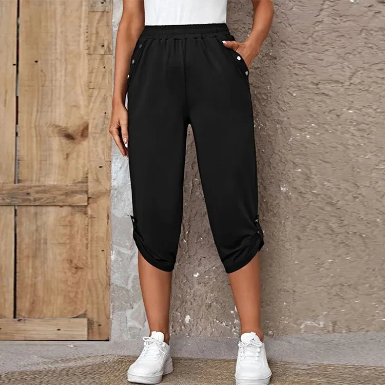 Women's Elastic Waist Crop Sweatpants Loose Fit Casual Summer Capris with Pockets Roll-Up Bottoms S-3XL
