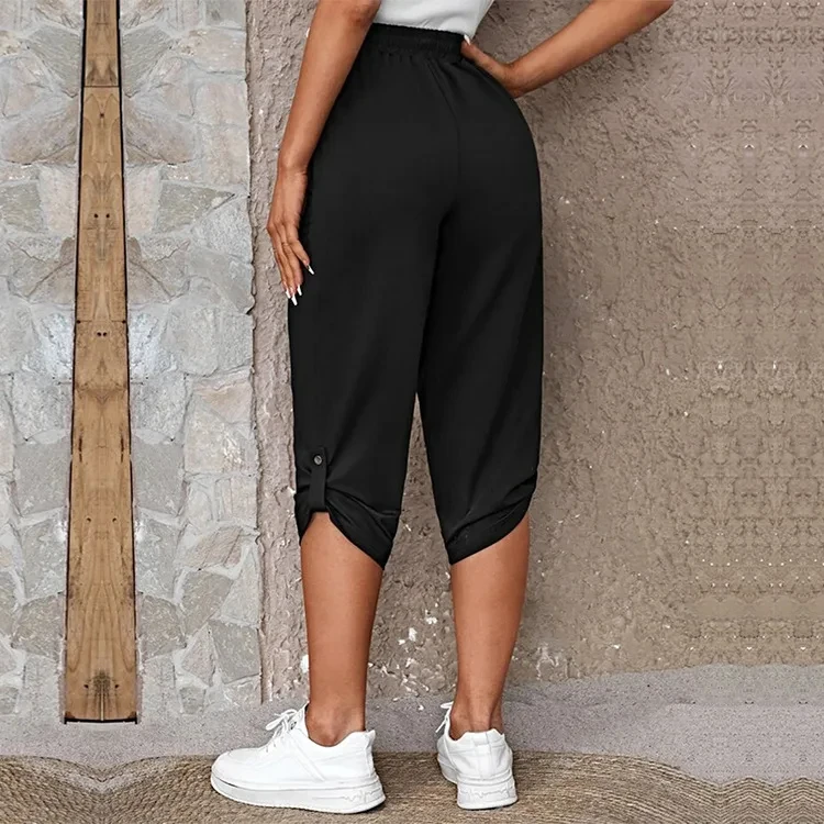 Women's Elastic Waist Crop Sweatpants Loose Fit Casual Summer Capris with Pockets Roll-Up Bottoms S-3XL