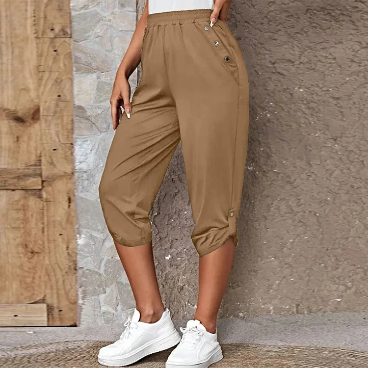 Women's Elastic Waist Crop Sweatpants Loose Fit Casual Summer Capris with Pockets Roll-Up Bottoms S-3XL