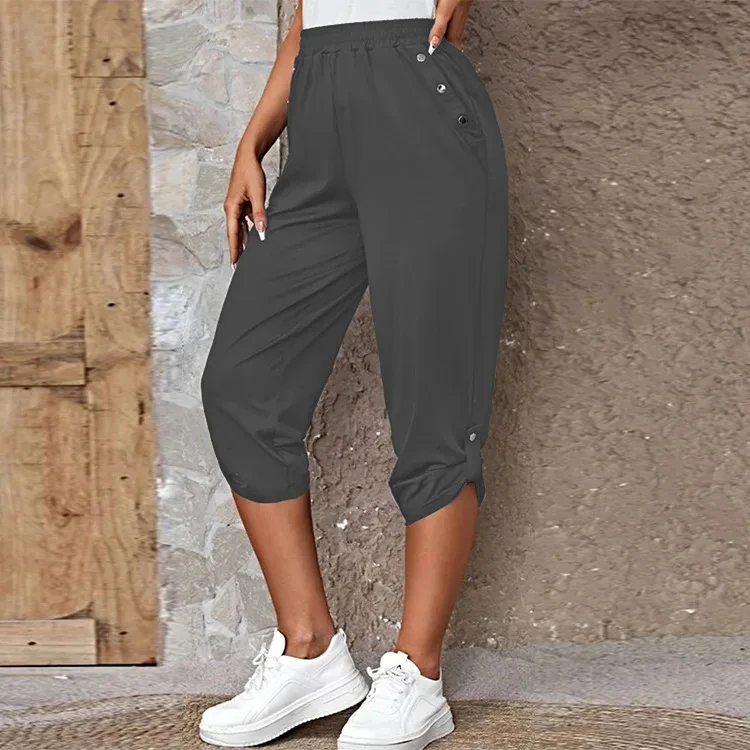 Women's Elastic Waist Crop Sweatpants Loose Fit Casual Summer Capris with Pockets Roll-Up Bottoms S-3XL
