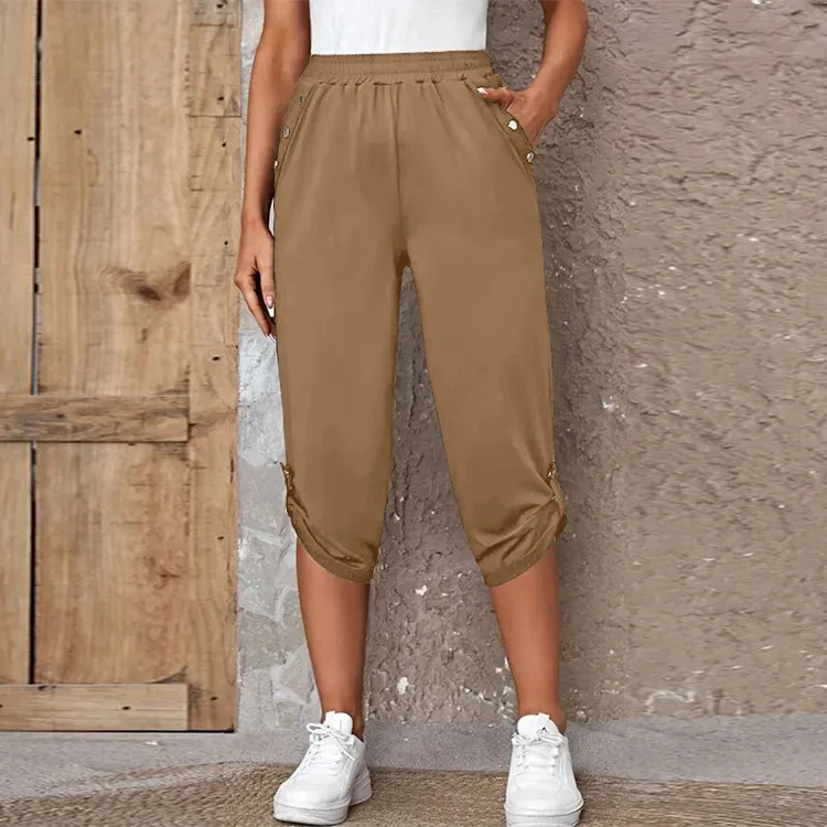 Women's Elastic Waist Crop Sweatpants Loose Fit Casual Summer Capris with Pockets Roll-Up Bottoms S-3XL