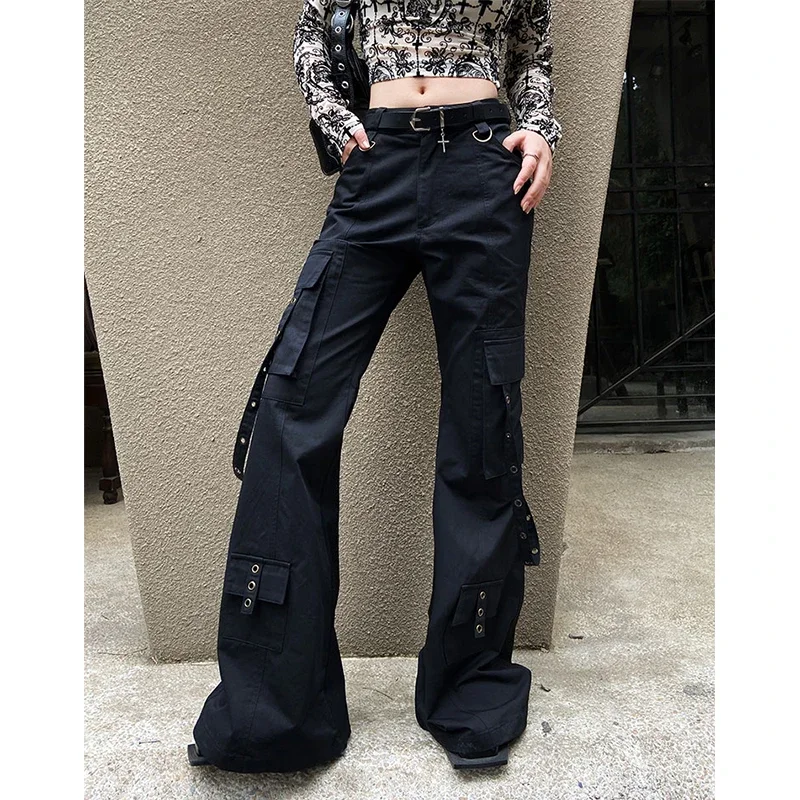 Black Gothic Cargo Flare Pants Women Vintage Harajuku Y2k 90s Retro High Waist Wide Leg Trousers Streetwear 2000s Pantalones