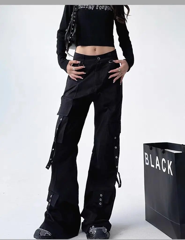 Black Gothic Cargo Flare Pants Women Vintage Harajuku Y2k 90s Retro High Waist Wide Leg Trousers Streetwear 2000s Pantalones