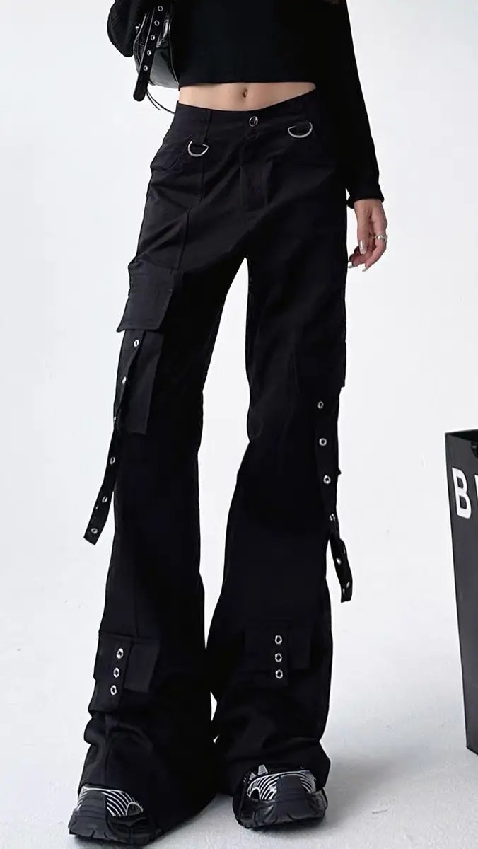 Black Gothic Cargo Flare Pants Women Vintage Harajuku Y2k 90s Retro High Waist Wide Leg Trousers Streetwear 2000s Pantalones