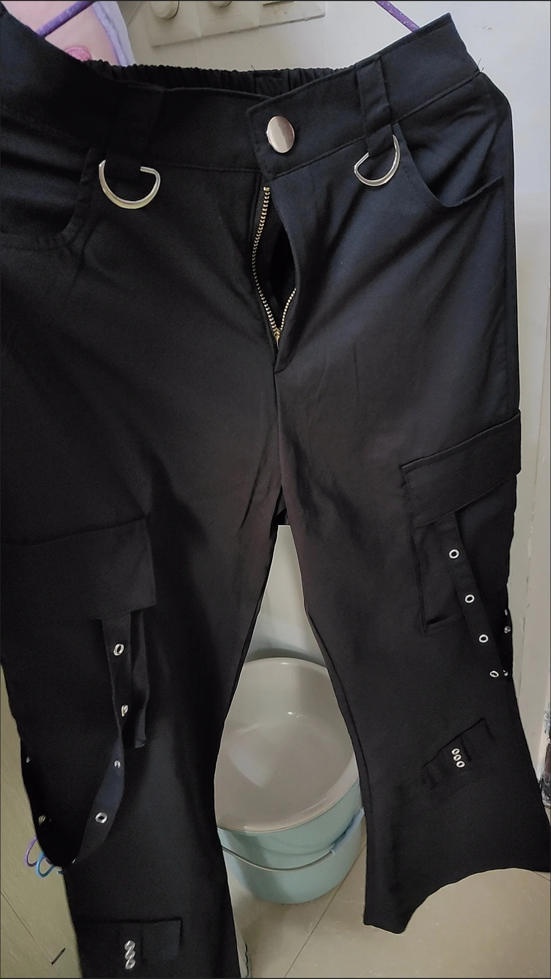 Black Gothic Cargo Flare Pants Women Vintage Harajuku Y2k 90s Retro High Waist Wide Leg Trousers Streetwear 2000s Pantalones