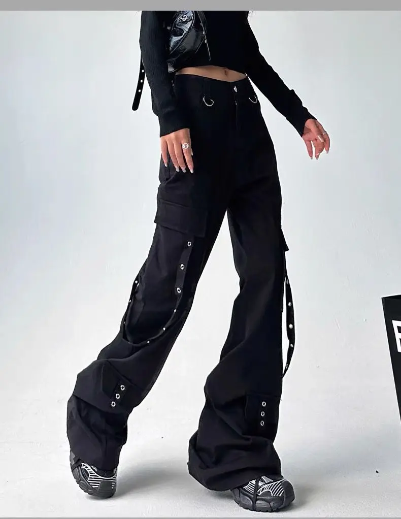 Black Gothic Cargo Flare Pants Women Vintage Harajuku Y2k 90s Retro High Waist Wide Leg Trousers Streetwear 2000s Pantalones