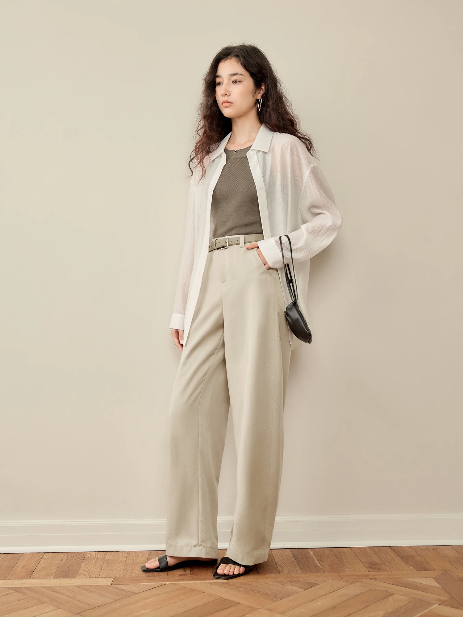 ZIQIAO 2025 Summer Women's Tencel High-Waisted Trousers - Curved Hem & Fluid Slimming Silhouette Pants 25ZQ92308
