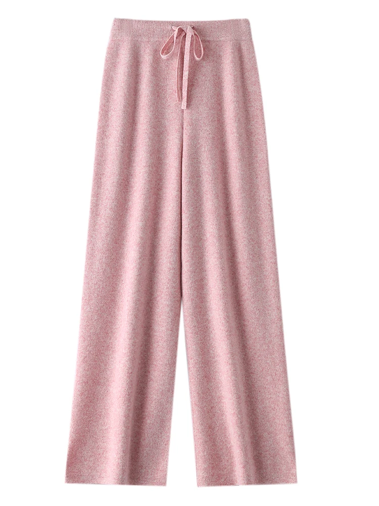Women 100% Merino Wool Knitted Pants Elastic Waist Autumn Winter Wide Leg Trousers Casual Versatile Cashmere Korean Style Pants