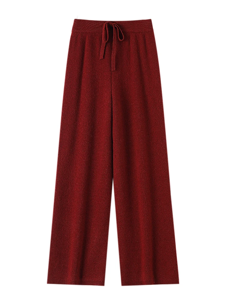 Women 100% Merino Wool Knitted Pants Elastic Waist Autumn Winter Wide Leg Trousers Casual Versatile Cashmere Korean Style Pants