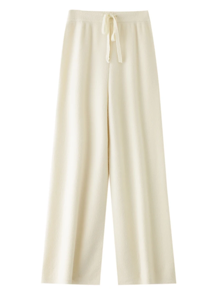 Women 100% Merino Wool Knitted Pants Elastic Waist Autumn Winter Wide Leg Trousers Casual Versatile Cashmere Korean Style Pants